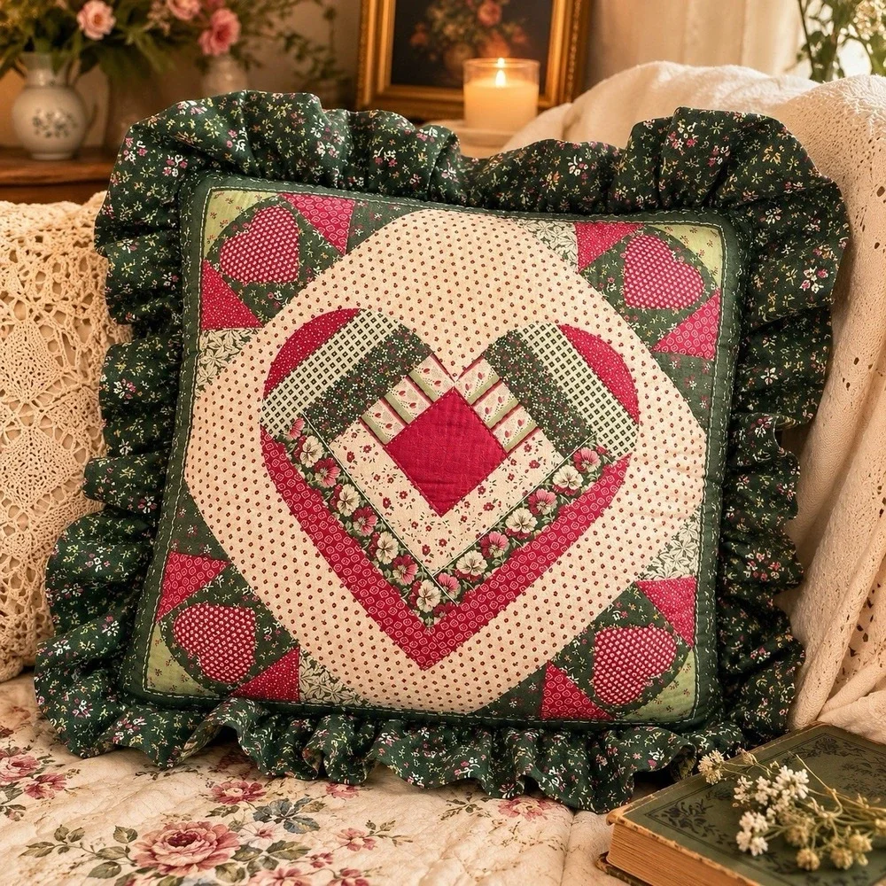 Vintage Handmade Ruffle Throw Lounge Pillow Cottage Core Patchwork  Design